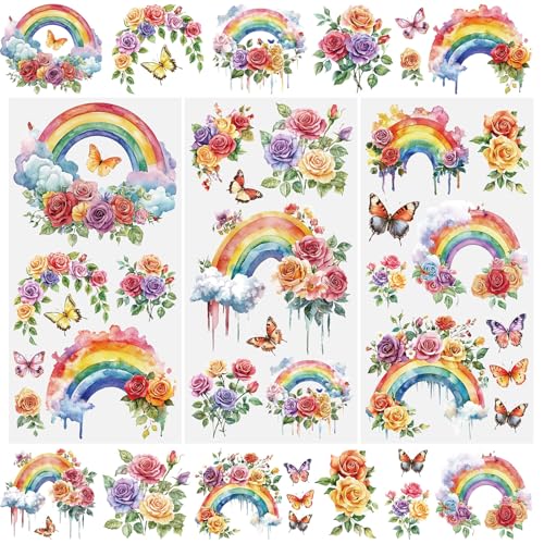 WANDIC 3 Sheets Rub on Transfers Stickers for Furniture, Rainbow Flowers Transfer Decals Waterproof Decorative Stickers for DIY Crafts, Cups, Scrapbooks,15x30cm - color: Rainbow Flowers, size: 3 Sheets