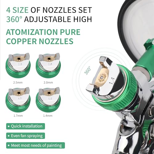 HVLP Spray Gun Kit, 4 Nozzles,10 Disposable Paint Cup System,Green - color: green