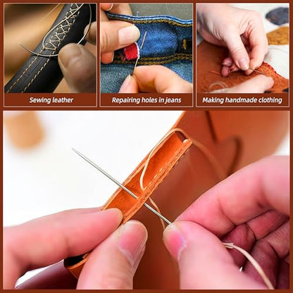 Upholstery Repair Kit: Extra Strong Waxed Sewing Thread 4 Rolls (3 Colors) &Heavy Duty Household Hand Needles (7 PCS) for Leather, Canvas, Bookbinding & Quilting Thread - color: Black, white, brown
