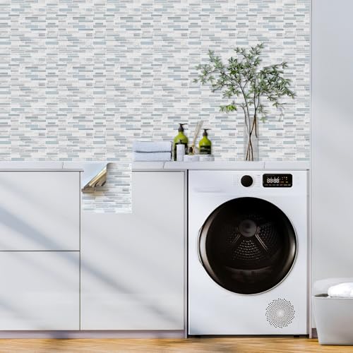 Tilingview 10PCS Peel and Stick Tile for Kitchen Backsplash, Strips Design Self-Adhesive Vinyl Tile, Plastic Wall Sticker (Blue White) - color: Narrow Blue White, size: 10"x10"x0.02"