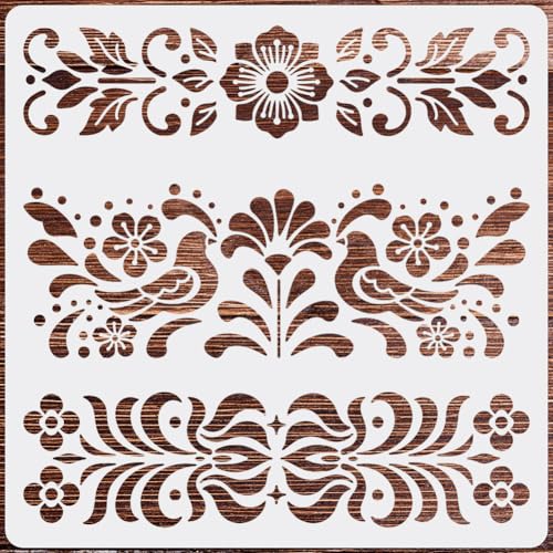 Folk Art Template 12 x 12 Inch Reusable for Drawing DIY Crafts Home Decor, Mexican Flower Stencil Border for Wood Wall Floor Furniture Art Design Tracing Scrapbook Project Creative Pattern - color: Flowers