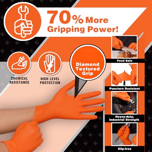 Industrial Nitrile Gloves – Heavy Duty Latex & Powder Free Disposable Gloves with Diamond Texture - color: Orange, size: Small (Pack of 1000)
