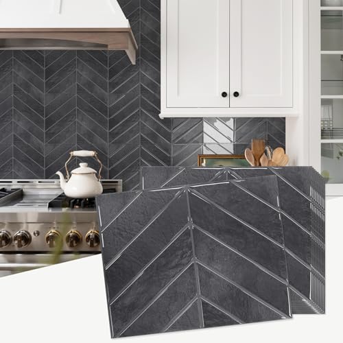 STICKGOO Herringbone Peel and Stick Backsplash, Shiny Black, 10 Sheets - color: Shiny Black With Dark Grey Grout, size: Pack of 10