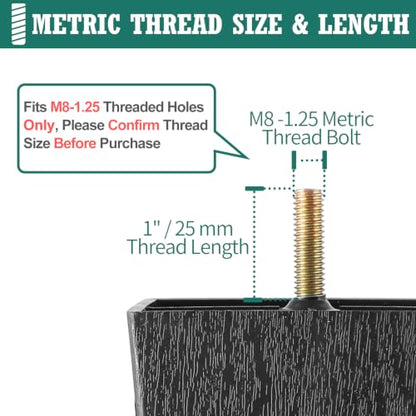 4pcs Plastic Square Legs 5" with Plate Nuts, M8-1.25 Thread - size: 5 Inch, M8-1.25 Metric Bolts
