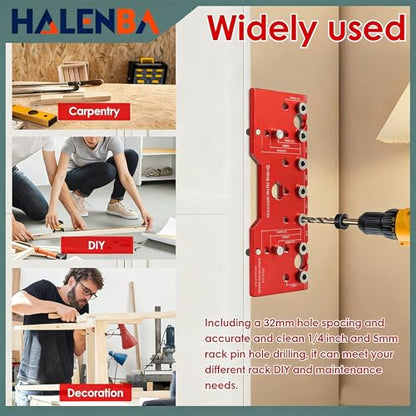 HALENBA Shelf Pin Jig 1/4" and 5mm,All-Metal Self-Contained Clamping Function Drill for Straight Holes,Hardware Jig,Shelf Pin Drilling Template, Woodworking Tools