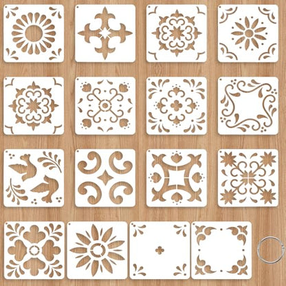 Yuanchu 16 Pack Tile Stencil Set (6X6 Inch), Reusable Spanish Mexican Talavera Stencils for Floor Wall Furniture Canvas DIY Home Décor