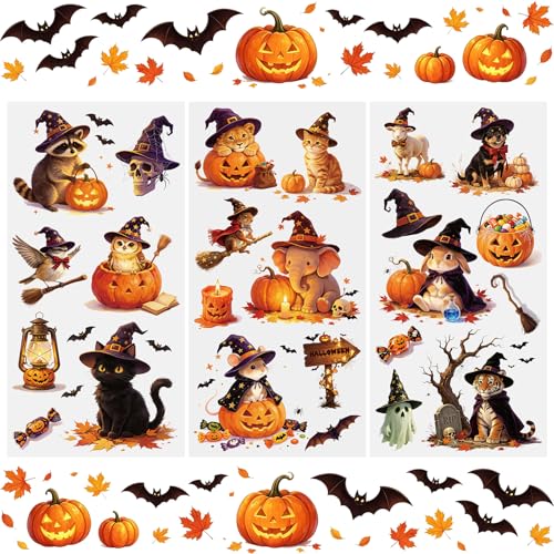 WANDIC 3 Sheets Halloween Rub on Transfer Stickers, Tiger Rabbit Cat in Witch Hat Waterproof Decal for Crafts Furniture Scrapbook Album Laptop, 15 * 30cm - color: Halloween Animals