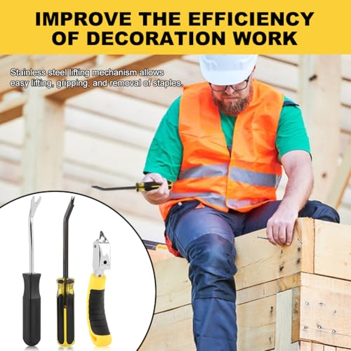 3-Piece Heavy Duty Staple Remover Tool Set, Tack Puller and Nail Puller for Removing Staples from Furniture, Flooring, Carpet, Wood Cases, Cartons and Picture Frames, Black & Yellow