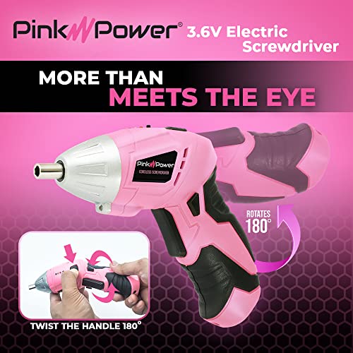 Pink Power Cordless Screwdriver Set 3.6V Electric Rechargeable Gun Kit LED