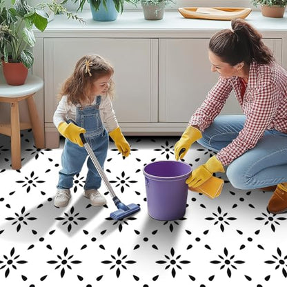 HOMETITUTE Black White Floral 12x12 Inch Peel Stick Vinyl Floor Tile - style: Black and White Floral