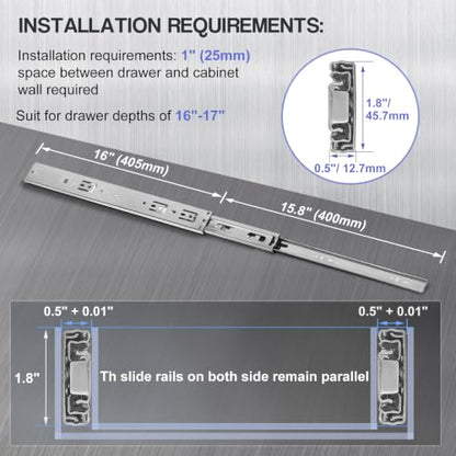 Soft Close Drawer Slides 16 Inch - Silver, 1 Pair (2 Pieces) - color: Silver, size: 16 Inch