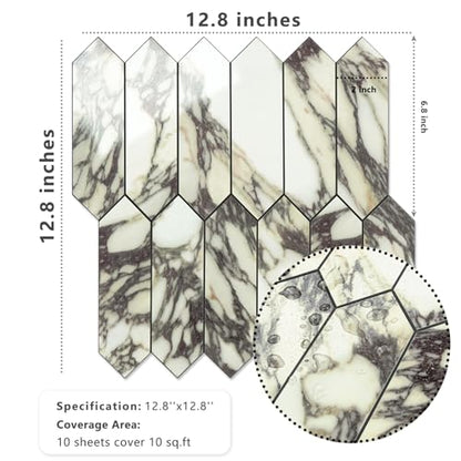 Vamos Tile Glossy Marble Purple Backsplash Tile Peel and Stick, 12.8 x 12.8 Inch 10 Sheets Long Hexagon PVC Self Adhesive Mosaic Wall Tiles Stick on Backsplash for Kitchen and Bathroom - color: Glossy Marble Purple