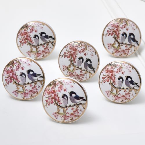 IndianShelf 6 Piece Pink Bird Ceramic Cabinet Knobs Round Gold Drawer Pulls - color: Pink and Golden, size: 6 Knobs