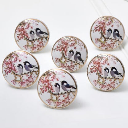 IndianShelf 6 Piece Pink Bird Ceramic Cabinet Knobs Round Gold Drawer Pulls - color: Pink and Golden, size: 6 Knobs