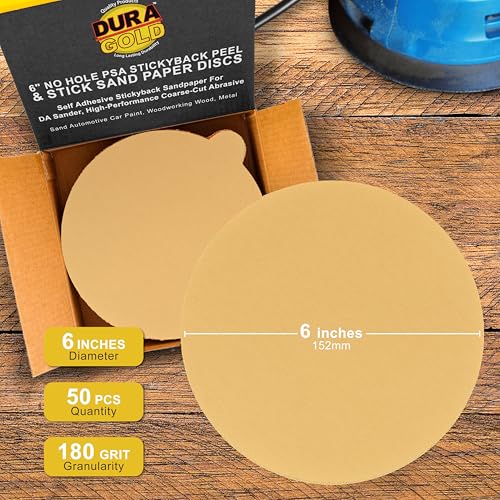 Dura-Gold Premium 6" Gold PSA Sanding Discs - 180 Grit, Box of 50 - Self - size: 180-Grit