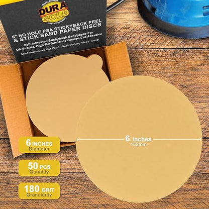 Dura-Gold Premium 6" Gold PSA Sanding Discs - 180 Grit, Box of 50 - Self - size: 180-Grit