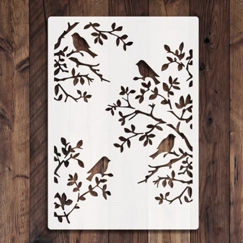 TIAMECH A4 Reusable Tree Birds on Branch Stencil for Painting - style: Tree Birds on Branch