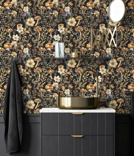 Froluya Mushroom Wallpaper Peel and Stick Dark Contact Paper 16.9” x 118.1” - color: Dark, size: 16.9" x 118.1"