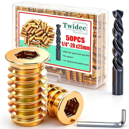 Twidec/50PCS 1/4"-20 Threaded Inserts for Wood Furniture Screw-in Nut Wood Inserts Bolt Assortment Kit with M6 Hex Wrench (1/4"-20 x25mm) N-059-1/4x25 - size: 1/4-20x25mm