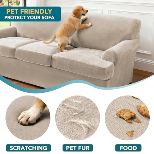 2 Pieces T Cushion Chair Covers with Arms Thick Velvet Couch Cover Stretch T Cushion Sofa Covers for Living Room Chair Cover with Individual T Cushion Covers , Washable (1 Cushion Chair, French Oak) - color: French Oak, size: Armchair (1 Cushion)