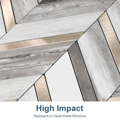 Yipscazo 10-Sheet Wood Grain Herringbone Peel and Stick Backsplash for Kitchen Walls,Heat Resistant PVC Mixed Metal Stick on Backsplash Tiles,Waterproof Peel and Stick Tile for Bathroom&Shower - color: Wood Grain + Gold Metal