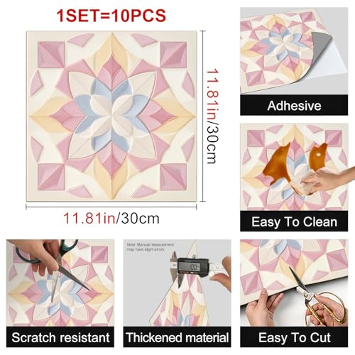 HOMETITUTE Pink Geometric Floral Peel Stick Vinyl Floor Tile 12x12 Inch - style: Pastel Floral Look