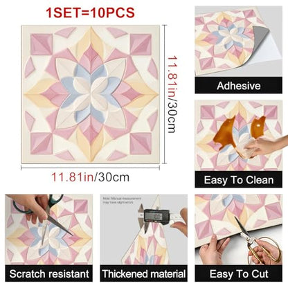 HOMETITUTE Pink Geometric Floral Peel Stick Vinyl Floor Tile 12x12 Inch - style: Pastel Floral Look
