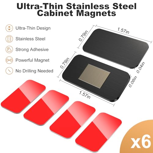 PHIXBEAR 6-Pack No-Drill Invisible Magnetic Cabinet Catches, Stainless Steel with Strong Adhesive for Kitchen, Bathroom & Closet Drawers Black - color: Black