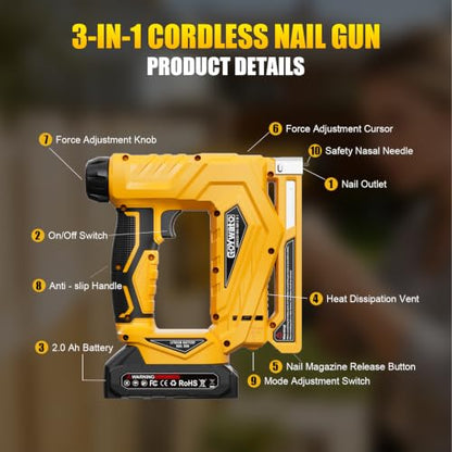 3-In-1 Small 21V Cordless Staple Gun, 18 GA Electric Brad Nailer - color: Light Yellow