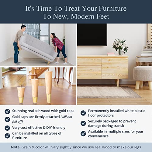 Airy Abode Premium Ash Wood Furniture Legs with Gold Caps (Full Install Kit) - Pick Your Size and Color - color: Ash / Gold, size: 8 Inches