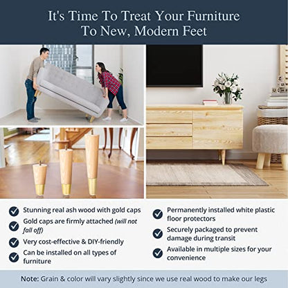 Airy Abode Premium Ash Wood Furniture Legs with Gold Caps (Full Install Kit) - Pick Your Size and Color - color: Ash / Gold, size: 8 Inches