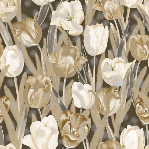 Tulip Retro Flower Wallpaper，17.71 "x 236.2" Golden Aesthetic Contact Paper Waterproof Vinyl Wallpaper for Kitchen Backsplash Bathroom Cabinet - color: flower-07, size: 17.71"x236.2"