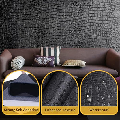 Black Peel and Stick Wallpaper Crocodile 15.7'' X 394'' Self Adhesive - color: Black Crocodile, size: 15.7" x 394"