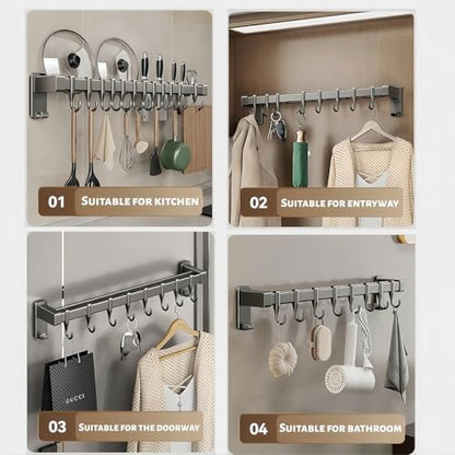 【No-Drill Adhesive for Kitchen】Utensil Rail with 8 Sliding Hooks – 11.8/15.75/19.69 Inch Rustproof Organizer for Pots, Lids & Tools, Scratch-Free Holder for Small Kitchens, Peel Off Without Damage - size: 15.75inch(40cm)