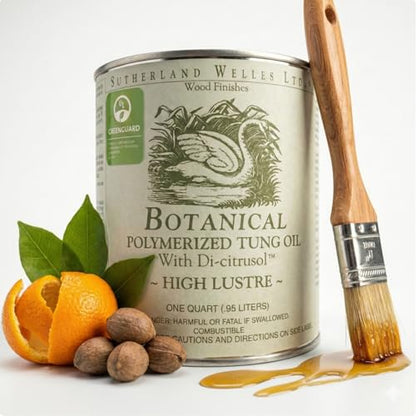 Sutherland Welles Botanical Polymerized Tung Oil Wood Finish - High Lustre Sealer for Furniture & Cutting Boards - Low VOC Citrus Solvent Made in USA 32 OZ