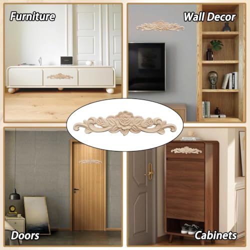 Wood Carved Long Onlay Appliques for Furniture, Rubber Wood 4 Pack
