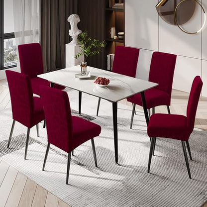Waterproof Dining Room Chair Covers, Stretch Parsons Chair Slipcovers - color: Flower Pattern-wine Red, size: Large-4 Pack
