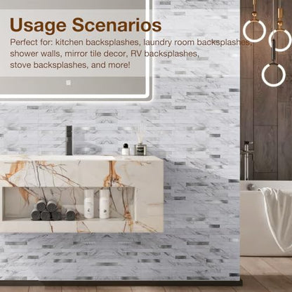 Peel and Stick Backsplash Tile Waterproof Removable PVC Wall Sticker 3D Faux Stone Marble Brick White Accent Panels (White Marble - Metal Silver, 20 Tiles - 9 sq. ft. (0.84 M²)) - color: White Marble - Metal Silver, size: 20 Tiles - 9 sq. ft. (0.84 M²)