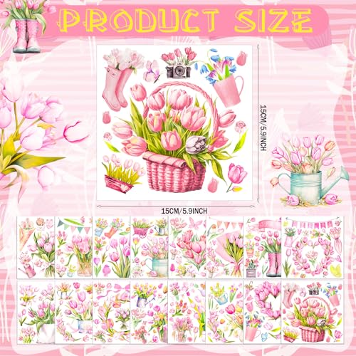 Dispowreath 16 Sheets Pink Tulip Spring Rub on Transfers for Crafts 6x6 Inch Flower Rub on Transfers Stickers Spring Stickers Decals for Home Paper Wood DIY Furniture - style: Tulip