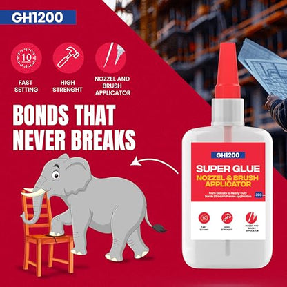 GH1200 (2-in-1) Super Glue with Brush Applicator & Nozzle, Mess Free Superglue Brush, Instant Never Dries, 3000 CPS Ca Glue, No Stain Clear Glue, Super Glue for Plastic, Rubber & More - style: 20g Super Glue Brush & Nozzle