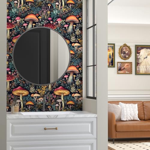 BOKEBEVE Mushoroom Wallpaper Peel and Stick Boho Black Red 17.5 x78.5In - color: Black/Red, size: 17.5" x 78.5"