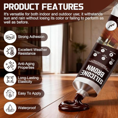 Brown Silicone Caulk with Nozzle Scraper Strong Adhesion Flexible, 3.33 oz