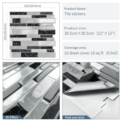 DEWOO Kitchen Backsplash 3D Self Adhesive Peel and Stick Wall Tile 10 Sheet - color: Gray