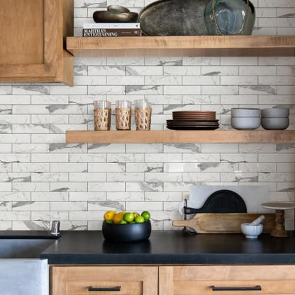 Vamos Tile Peel & Stick Backsplash on Subway Tile,40-Pack 3''x12'',Glossy - color: Statury White with Dark Gray Grout