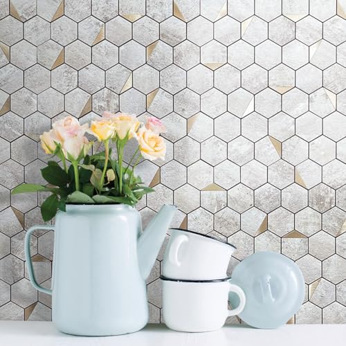 DICOFUN 10-Sheet Hexagon Tile Peel and Stick Backsplash, Beige Stone Look PVC Mixed Gold Metal Mosaic Tiles for Kitchen and Bathroom - color: Stone Beige + Gold Metal Chip, size: 10 Sheets, 12''x12''x0.12''