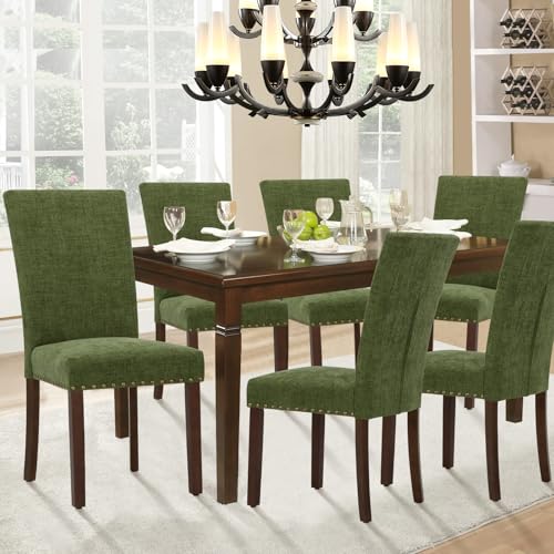 Parsons Dining Chairs Set of 6, Upholstered Nailhead Dining Room Kitchen Side Chair with Thick Cushions and Wood Legs, Green - color: Green, size: set of 6