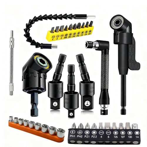 37Pcs Flexible Drill Bit Extension right angle drill attachment Include 90 degree Bits drill attachment Hex Shank 105° Right Angle Drill Attachment Short Screwdriver Rotatable Socket Adapter - color: 37pcs