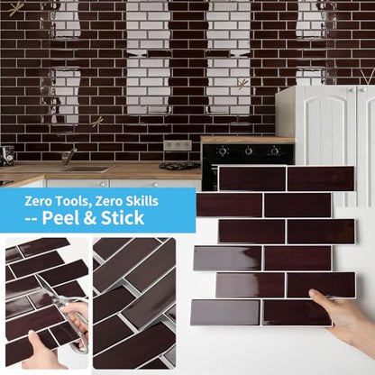 Art3d Peel and Stick Backsplash, Subway Wall Tile, 10-Pack, Dark Burgundy - color: Dark Burgundy