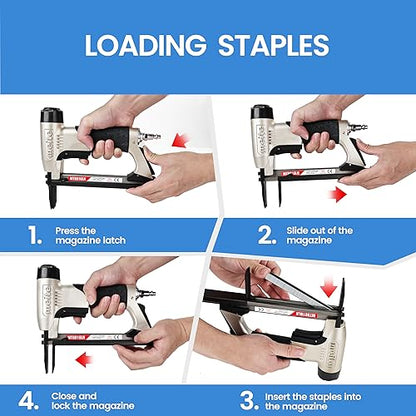 meite Upholstery Staple Gun with Extended Nose for 21 Gauge 1/2-Inch Crown Staples, Heavy-Duty Pneumatic Stapler for Woodworking, Carpentry, and Decoration DIY Projects (Model MT8016LN)