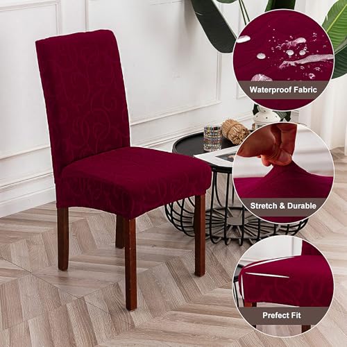 Waterproof Dining Room Chair Covers, Stretch Parsons Chair Slipcovers - color: Flower Pattern-wine Red, size: Regular-2 Pack